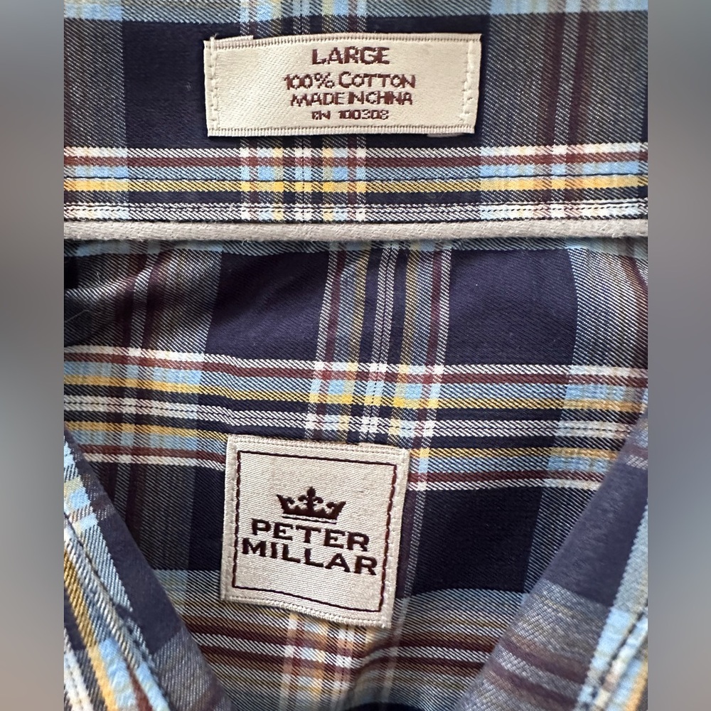 Peter Millar Men's Navy, Brown and Yellow Plaid Shirt